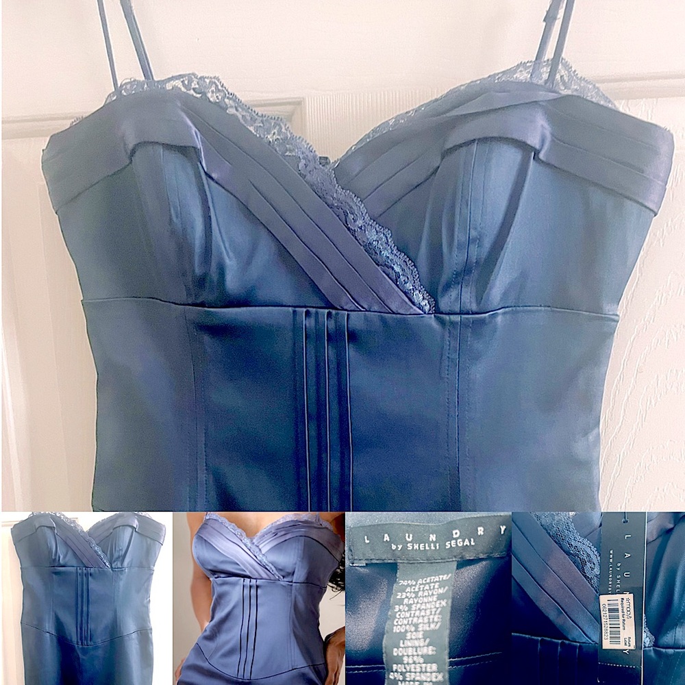 LAUNDRY by Shelli Segal Corset Steel Blue Satin & Lace Dress
